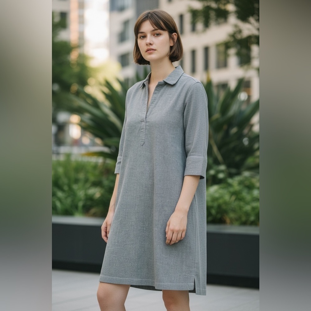 Lilla P Gray Cotton Shift Shirt Dress Size S Collared V Neck 3/4 Sleeve